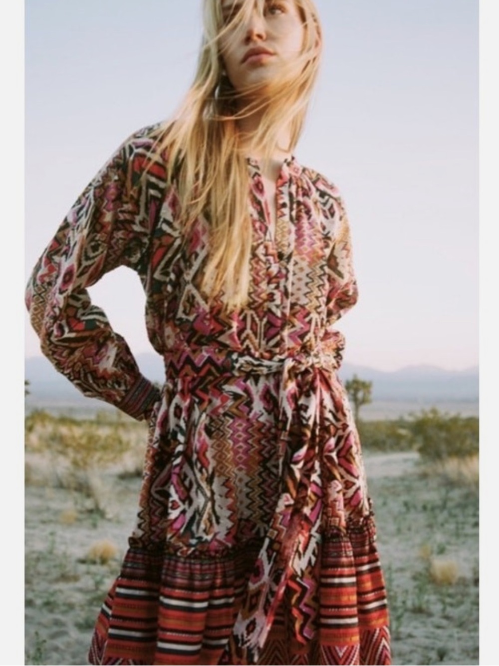 Zara Boho Printed Long-Sleeve Midi Dress in Multi-Color size small never worn